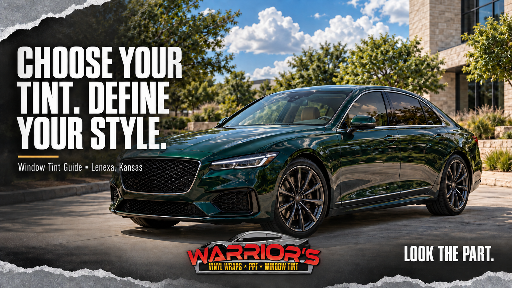 Illustrative emerald luxury sedan with tinted windows beneath white clouds; Choose Your Tint. Define Your Style.