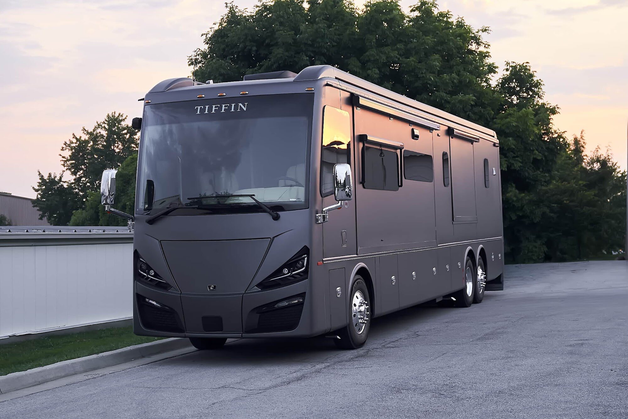 Completed Tiffin motorcoach wrap viewed from the front corner (project photo 200)