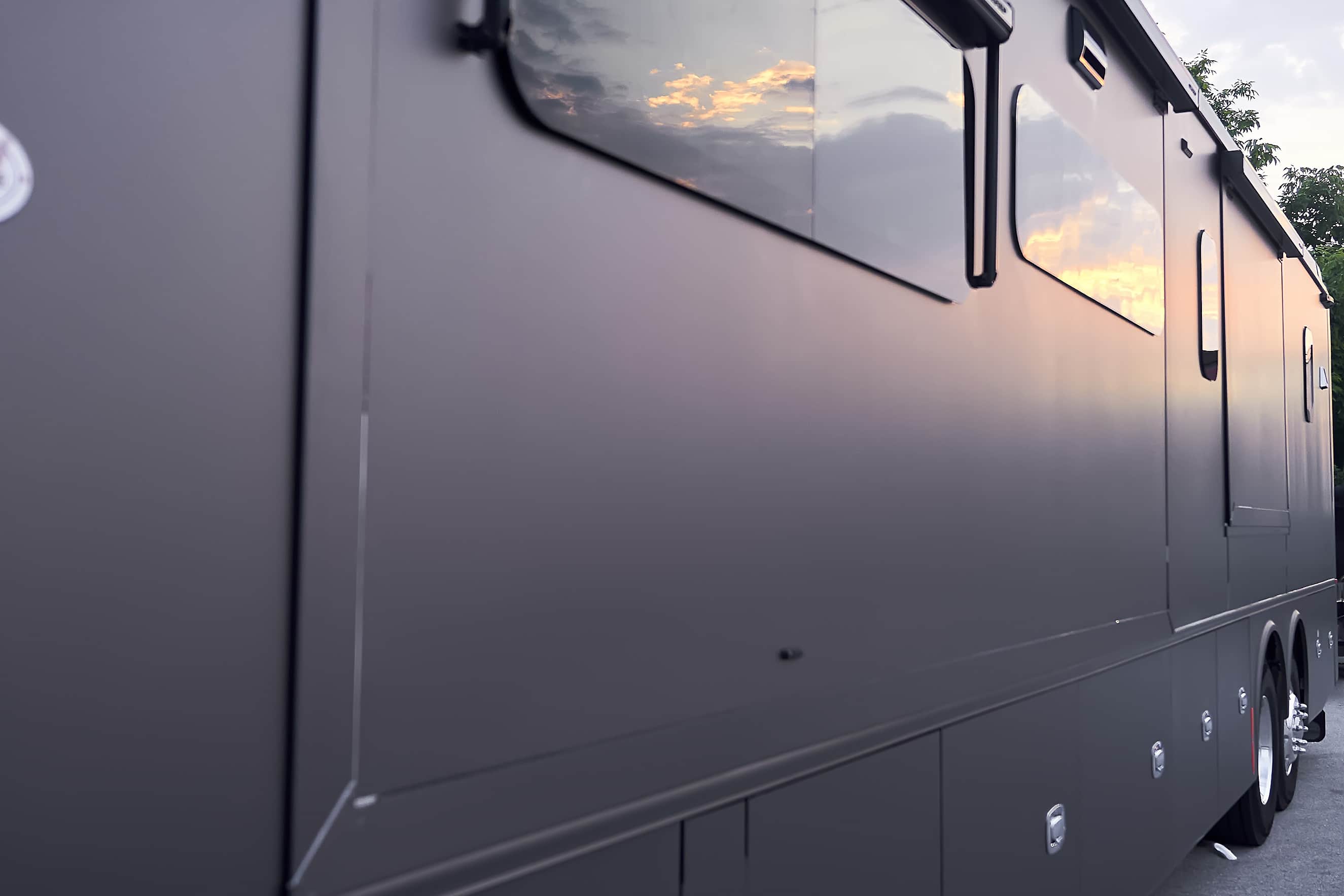 Medium view of the completed matte finish along the motorcoach side (project photo 217)